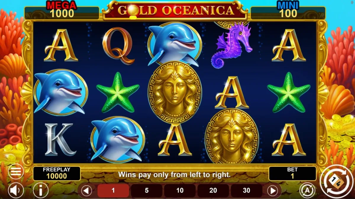 Cena subaquática vibrante do slot Gold Oceanica com símbolos de criaturas marinhas e moedas douradas.