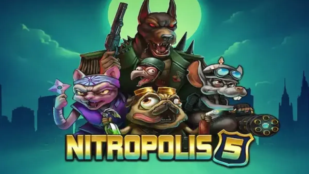 Interface do jogo de slot Nitropolis 5 com elementos visuais de guerra urbana